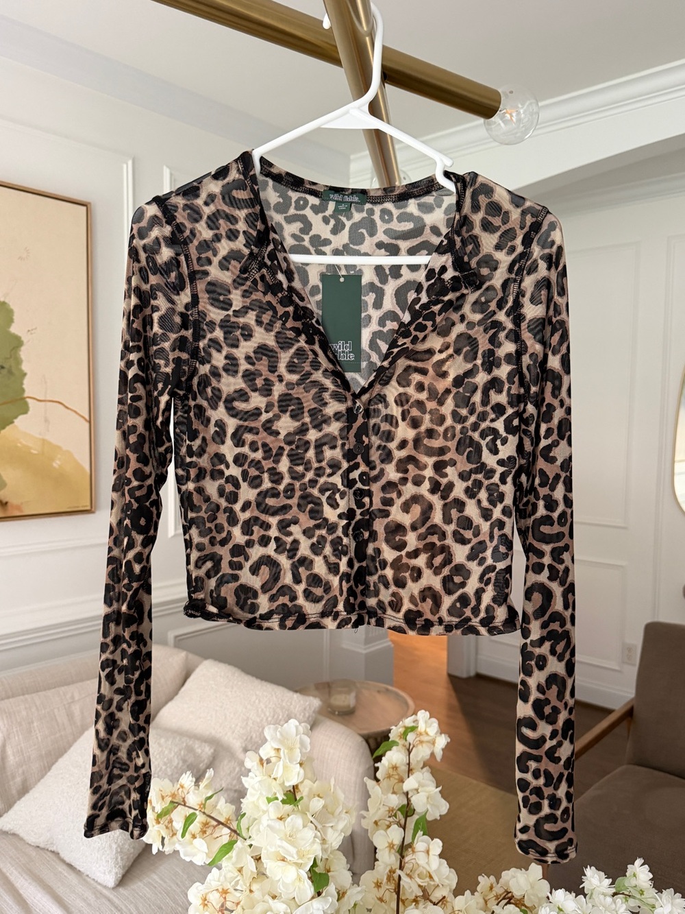 NWT wild fable Leopard-Print Sheer Button-Front Cropped Top